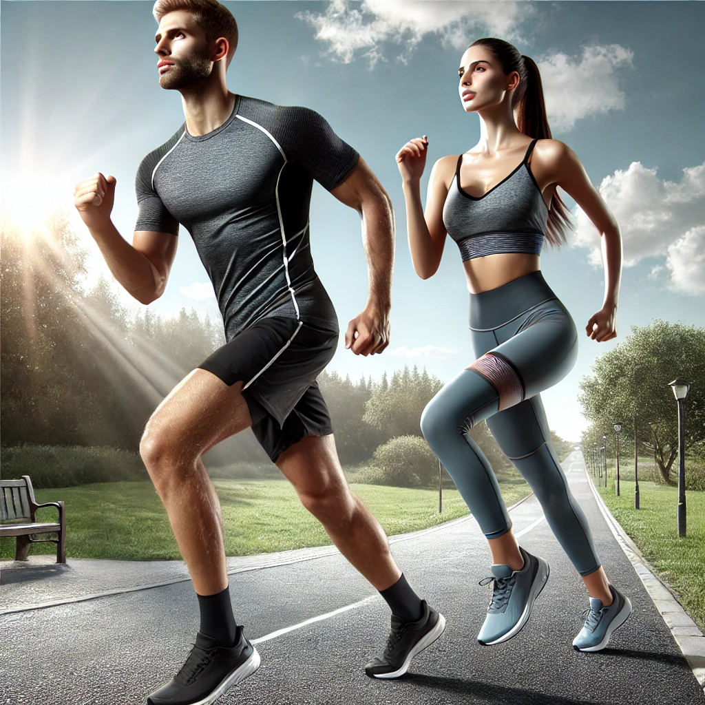 A man and a woman running